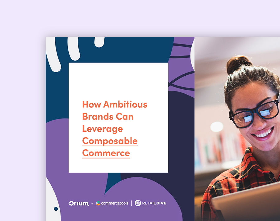A split-screen image— on the left copy reads “How ambitious brands can leverage composable commerce” and on the right woman in glasses holds a tablet.