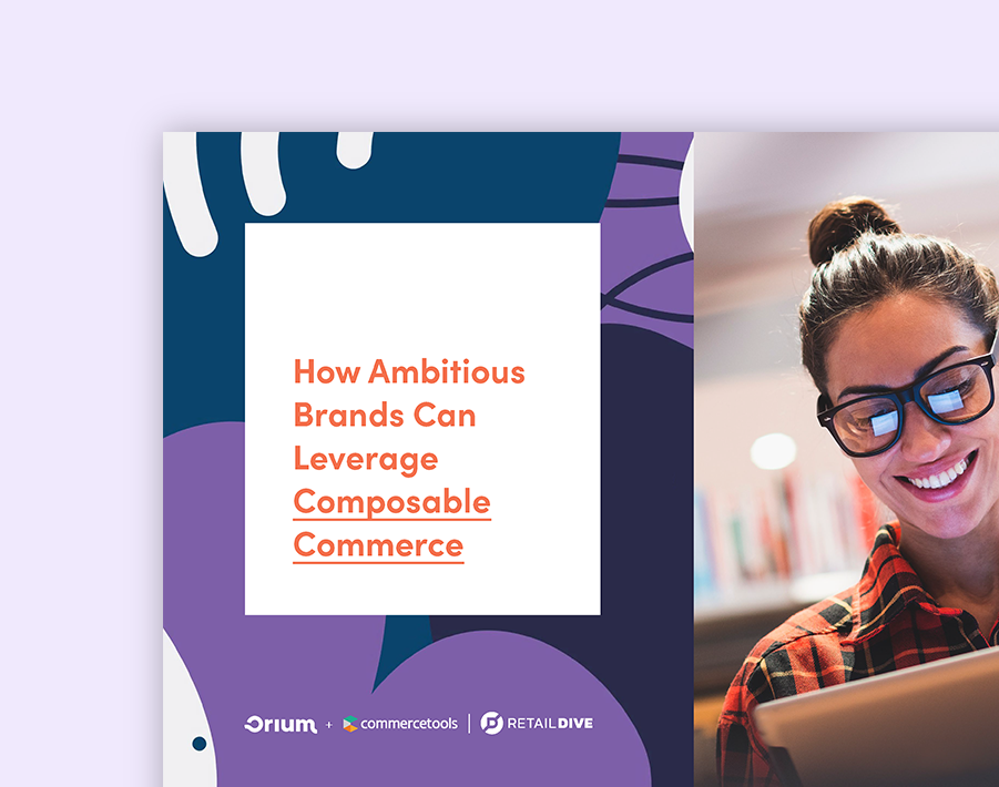 A split-screen image— on the left copy reads “How ambitious brands can leverage composable commerce” and on the right woman in glasses holds a tablet. A split-screen image— on the left copy reads “How ambitious brands can leverage composable commerce” and on the right woman in glasses holds a tablet.