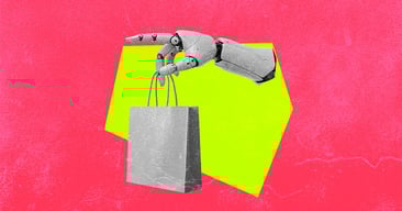 A cut-out image of a robot arm holding a hopping bag on a neon pink and yellow background.