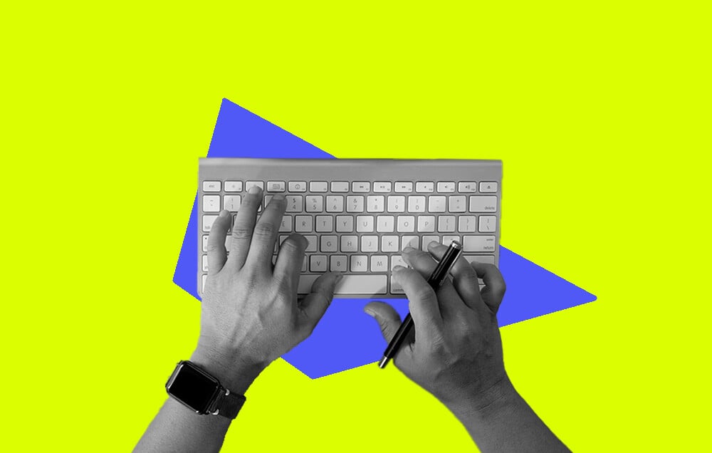 A cut-out image of hands typing on a keyboard set against a brightly coloured background in neon yellow and blue.