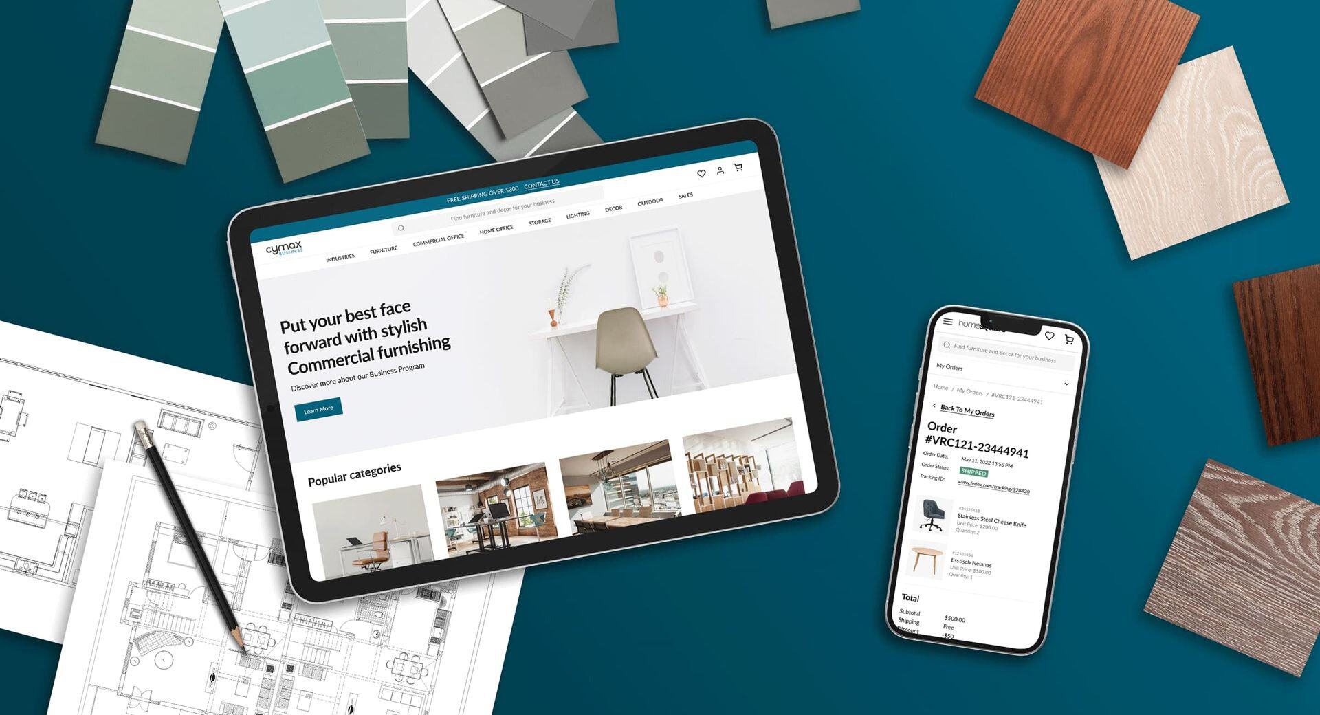 Collage of Cymax Group's website on an iPad and an iPhone surrounded by paint chips, wood samples, and renderings.