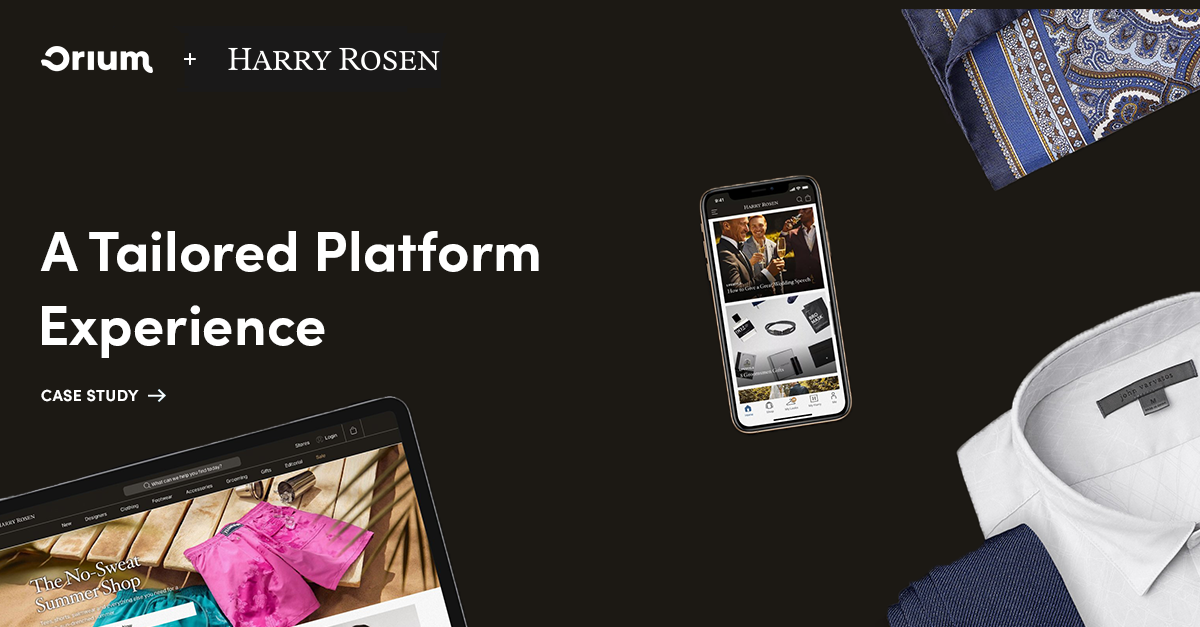 Flatlay of Harry Rosen website on an iPad and iPhone with men’s clothing and accessories around the devices.