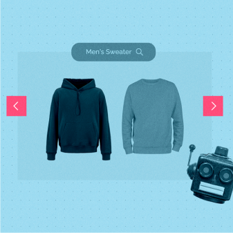 Two different sweatshirts under a search bar that reads “Men’s Sweater” with scroll tabs in bright pink on either side and a cut-out robot photo overlaid.

